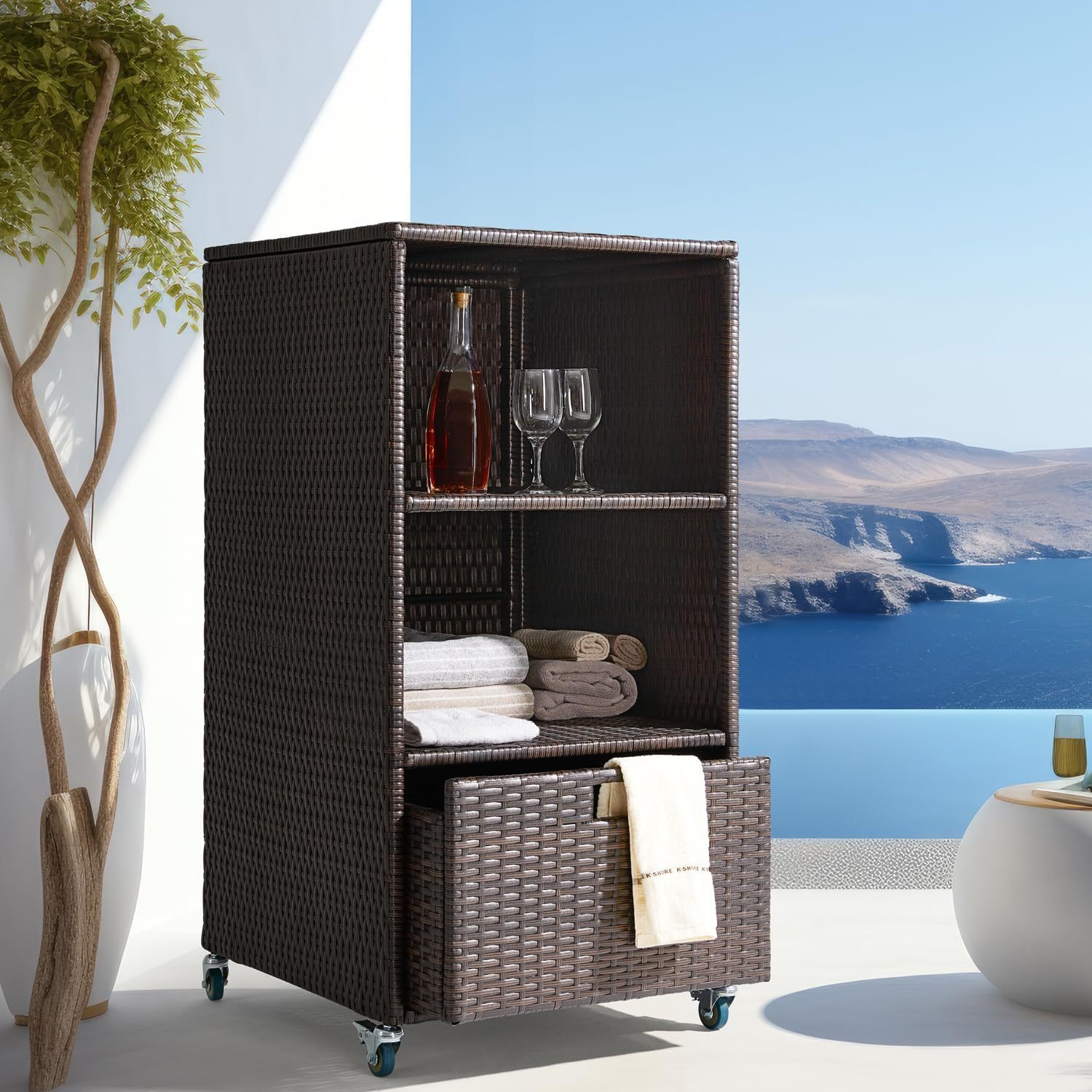 Outdoor Pool Towel Storage Cabinet Organizer Towel Valet Rack with Storage Shelves & Drawer Patio Wicker Pool Towel Holder