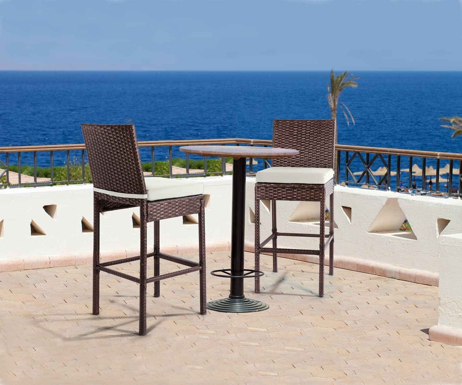 Outdoor Bar Stools Wicker Woven Patio Stools & Patio Bar Chairs Set of 2 Counter Bar Height Stools with Footrest
