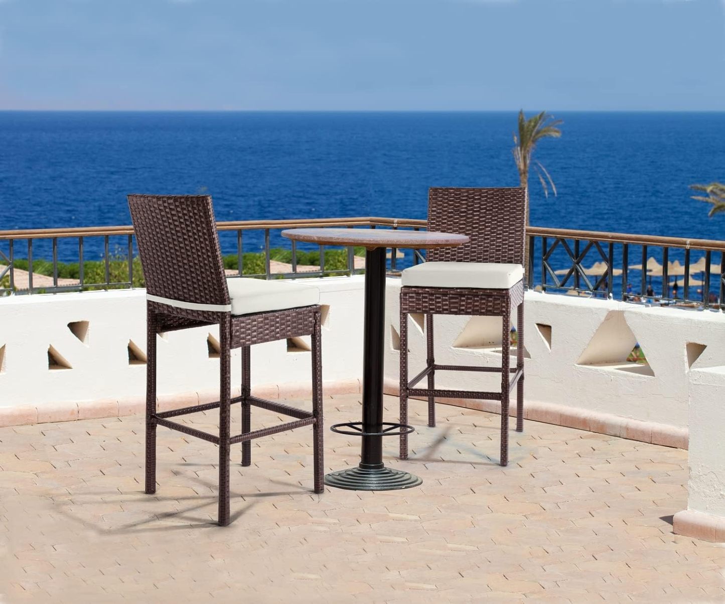 Outdoor Bar Stools Wicker Woven Patio Stools & Patio Bar Chairs Set of 2 Counter Bar Height Stools with Footrest
