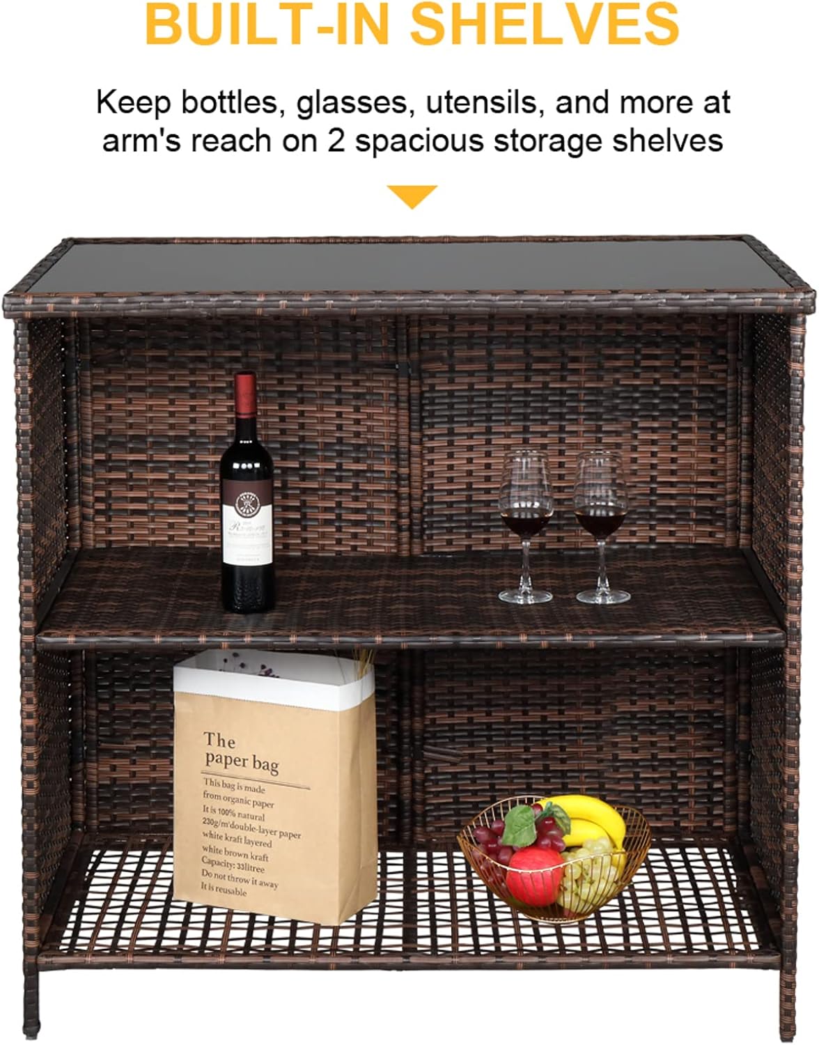 Wicker Patio Outdoor Bar Set with Glass Top Table and Two Cushioned Stools Brown Backyard Furniture