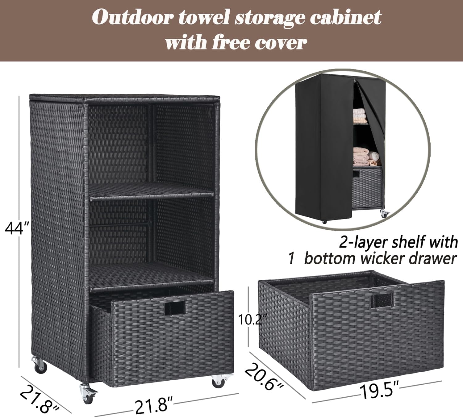 Towel Rack for Pool Outdoor Pool Towel Storage Cabinet with Shelf & Drawer Pool Towel Holder with Rolling Wheels Hot Tub Towel Rack