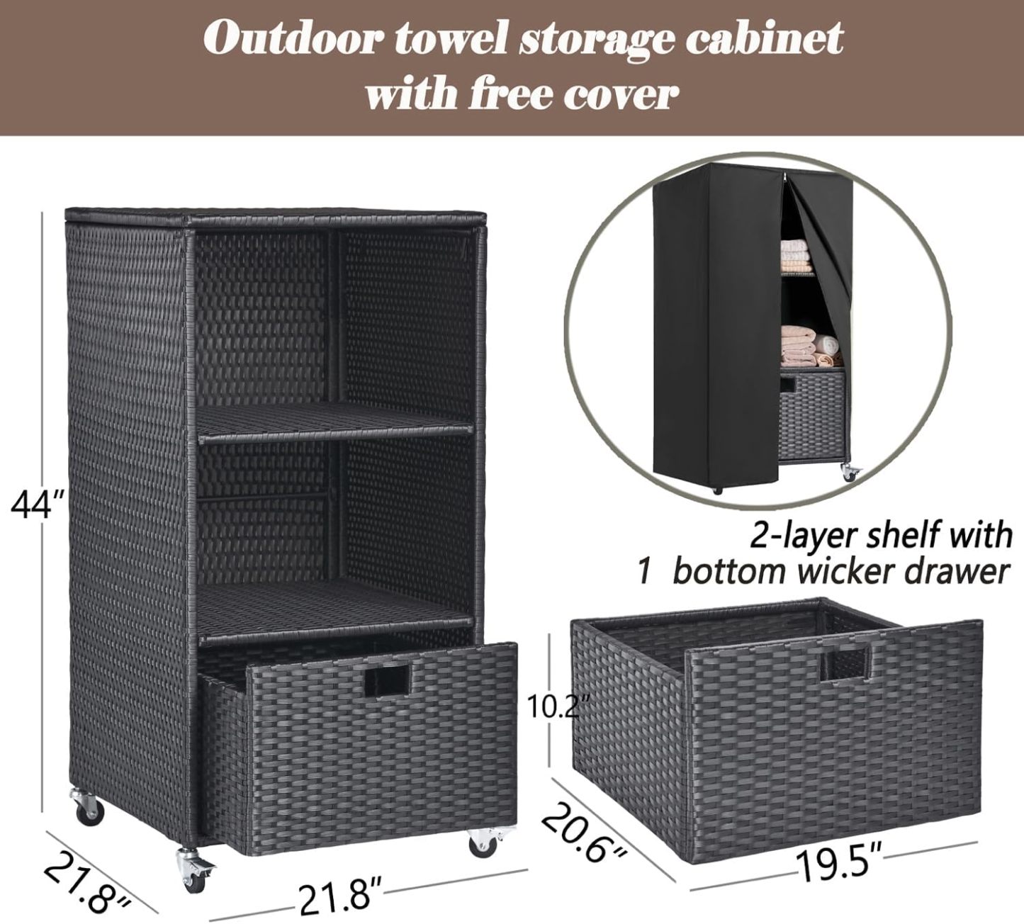 Towel Rack for Pool Outdoor Pool Towel Storage Cabinet with Shelf & Drawer Pool Towel Holder with Rolling Wheels Hot Tub Towel Rack