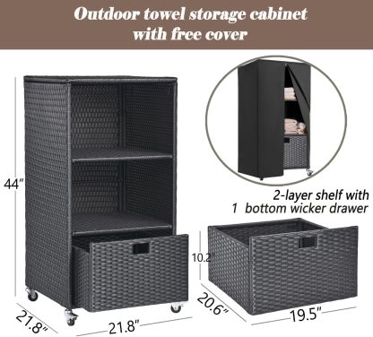 Towel Rack for Pool Outdoor Pool Towel Storage Cabinet with Shelf & Drawer Pool Towel Holder with Rolling Wheels Hot Tub Towel Rack