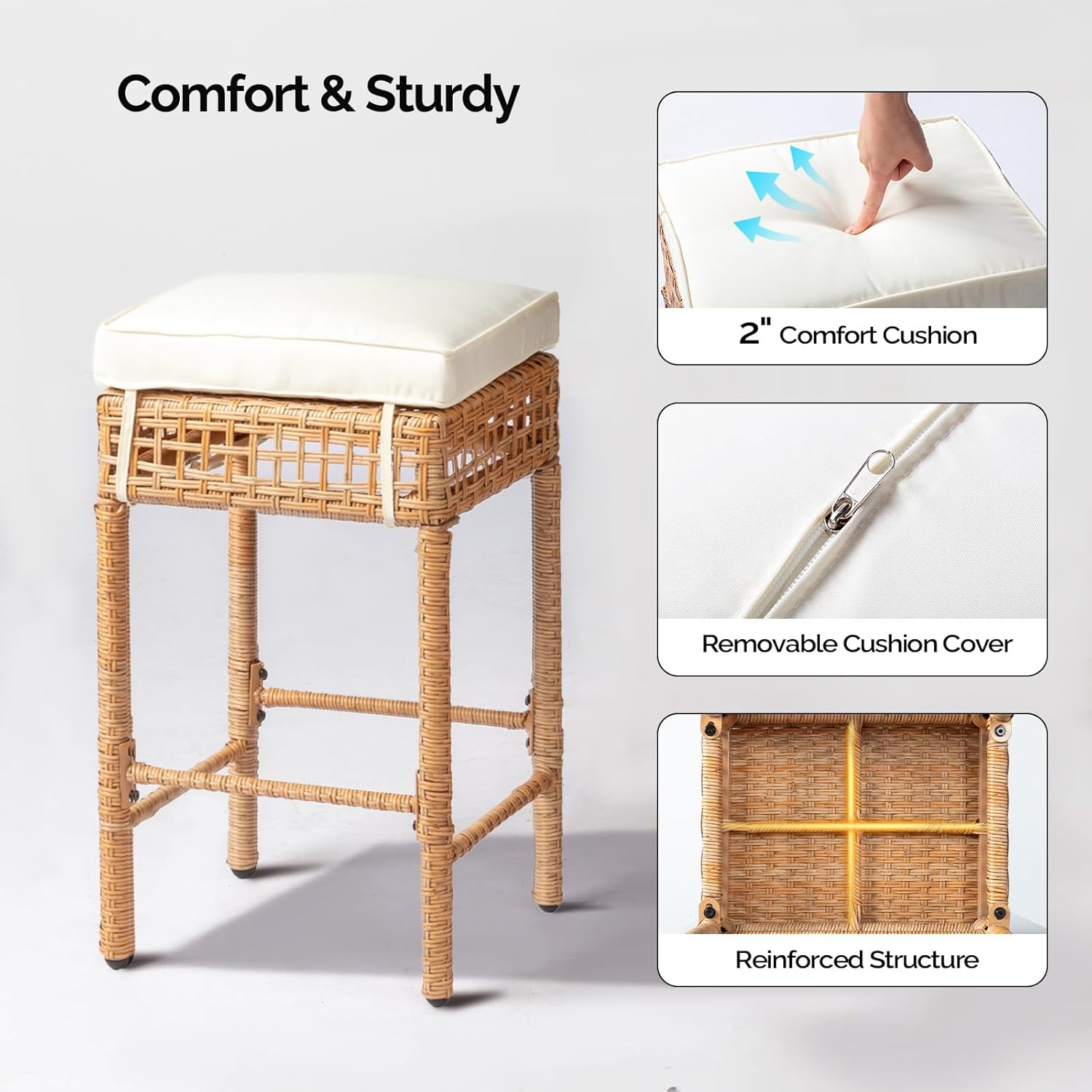 5-Piece Outdoor Bar Set, Wicker Rattan Bar Height Patio Set w/4 Cushion Bar Stools & Table with Hidden Storage