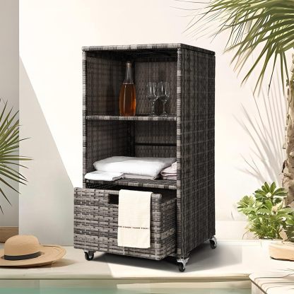 Towel Rack for Pool Outdoor Pool Towel Storage Cabinet with Shelf & Drawer Pool Towel Holder with Rolling Wheels Hot Tub Towel Rack