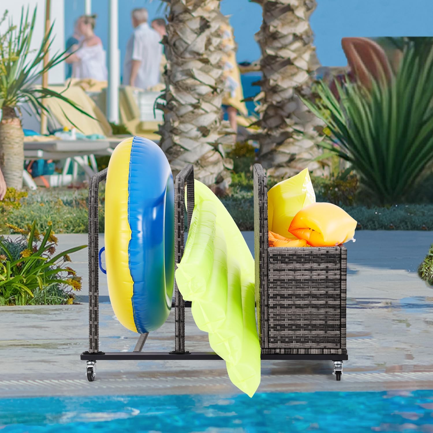 Pool Toy Storage Holder with Wicker Basket Outdoor Pool Float Holder Storage Rack Rolling Pool Caddy Cart