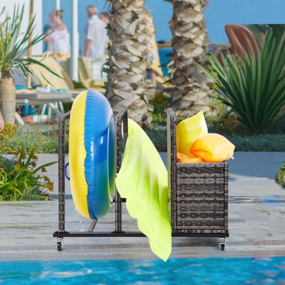 Pool Toy Storage Holder with Wicker Basket Outdoor Pool Float Holder Storage Rack Rolling Pool Caddy Cart
