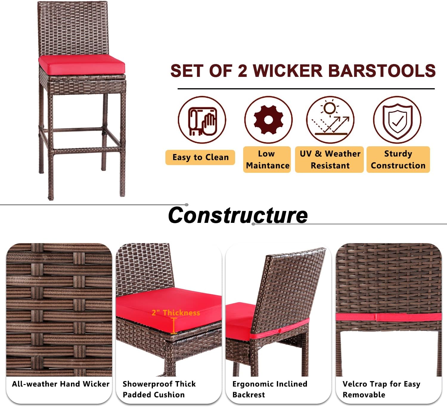 Outdoor Bar Stools Wicker Woven Patio Stools & Patio Bar Chairs Set of 2 Counter Bar Height Stools with Footrest
