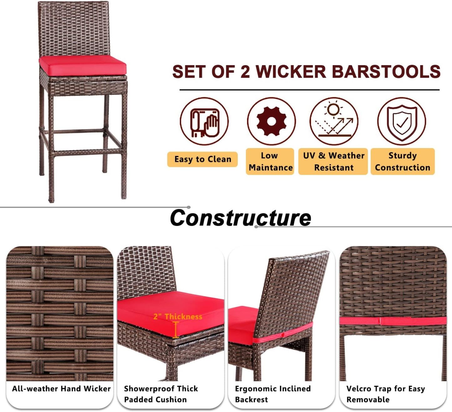 Outdoor Bar Stools Wicker Woven Patio Stools & Patio Bar Chairs Set of 2 Counter Bar Height Stools with Footrest