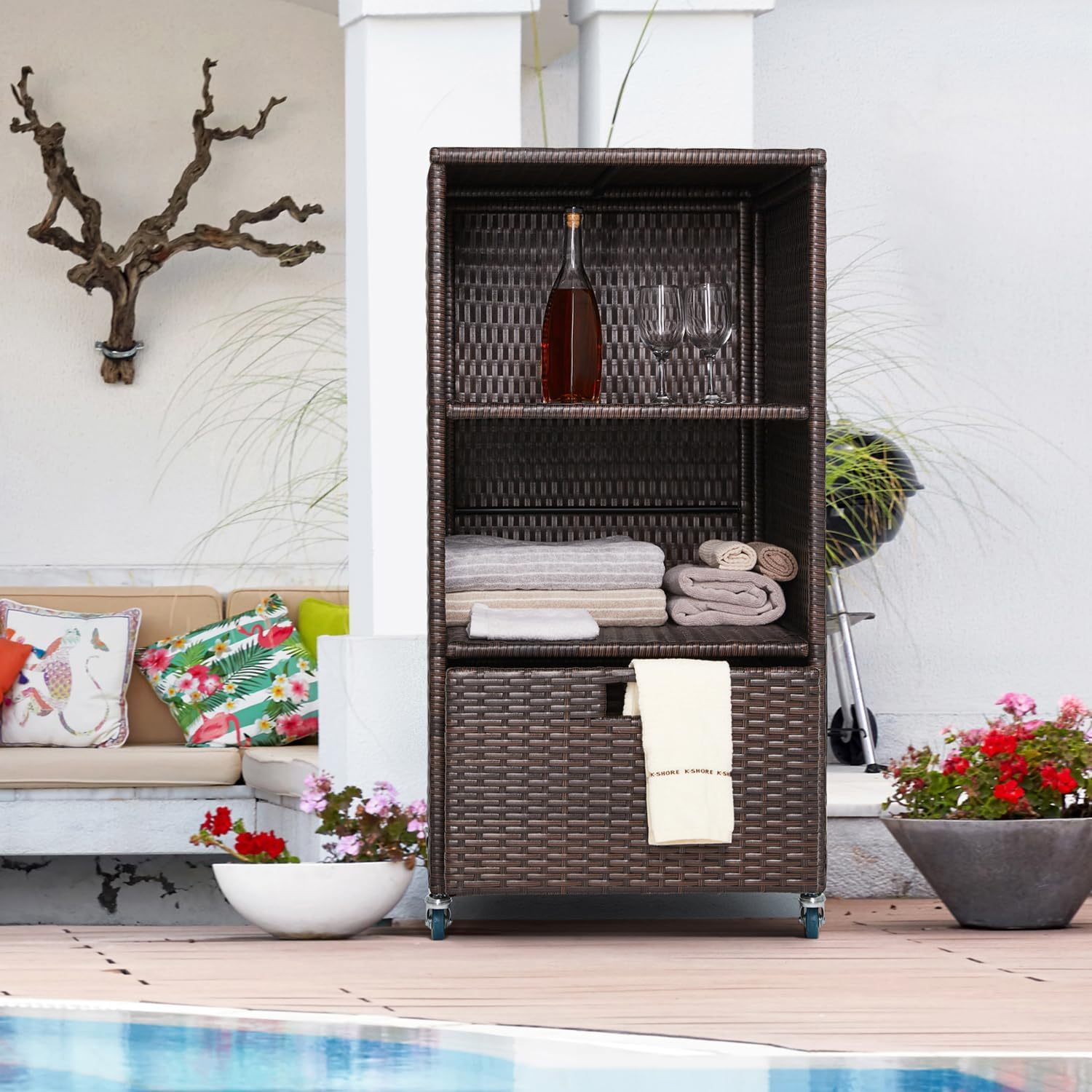 Outdoor Pool Towel Storage Cabinet Organizer Towel Valet Rack with Storage Shelves & Drawer Patio Wicker Pool Towel Holder