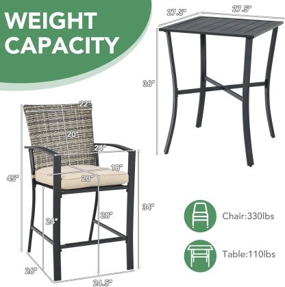 3 Piece Patio Bar Set, Outdoor Bistro Set w/ 27.5" Square Table, 2 Wicker Cushioned Chairs, Ergonomic Armrest & Backrest