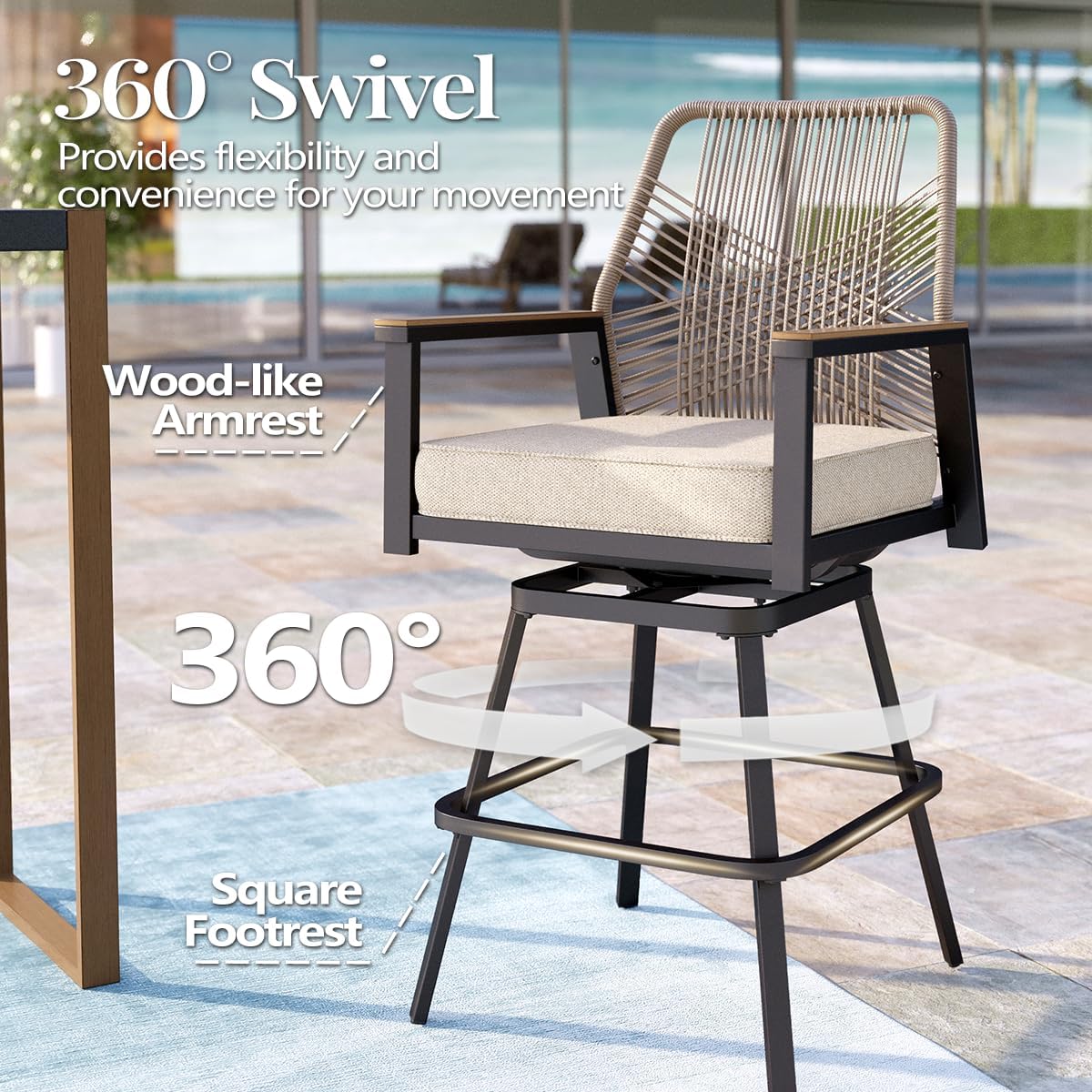 3 Piece Outdoor Bar Set, Swivel Counter Height Bar Stools with 40" Table, Wicker High Top Outdoor Table and Chairs