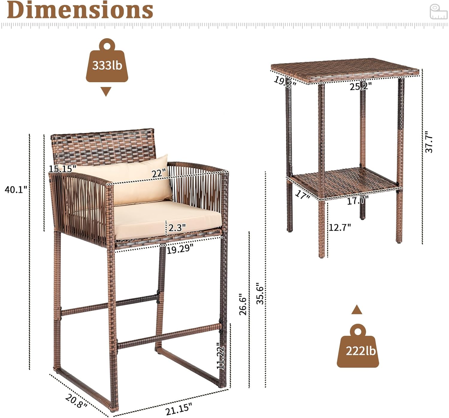 3 PCS Patio Bar Set Wicker, Outdoor Bar Table and Bar Stools with Storage Shelf and Cushions