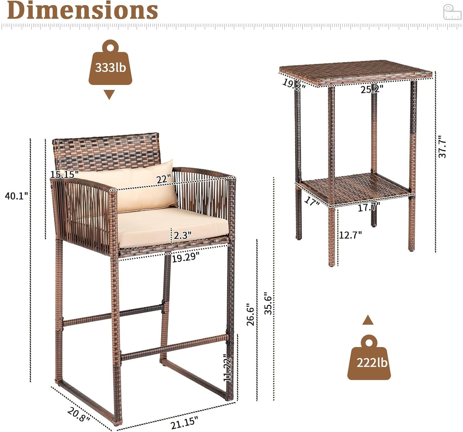 3-Piece Outdoor Bar Height Chairs, Rattan High Top Patio Table and Chairs Front Porch Wicker Weaving Furniture Set for Deck Backyard Garden Poolside