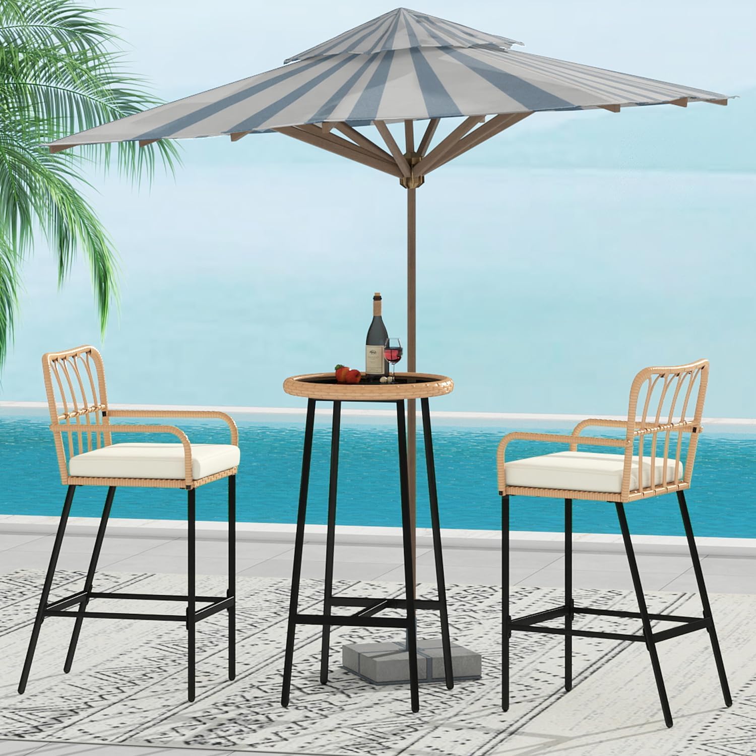3 Pieces Patio Bar Table Set, Outdoor Wicker Bar, All Weather Height Bar Stools and Table Set, for Garden, Deck