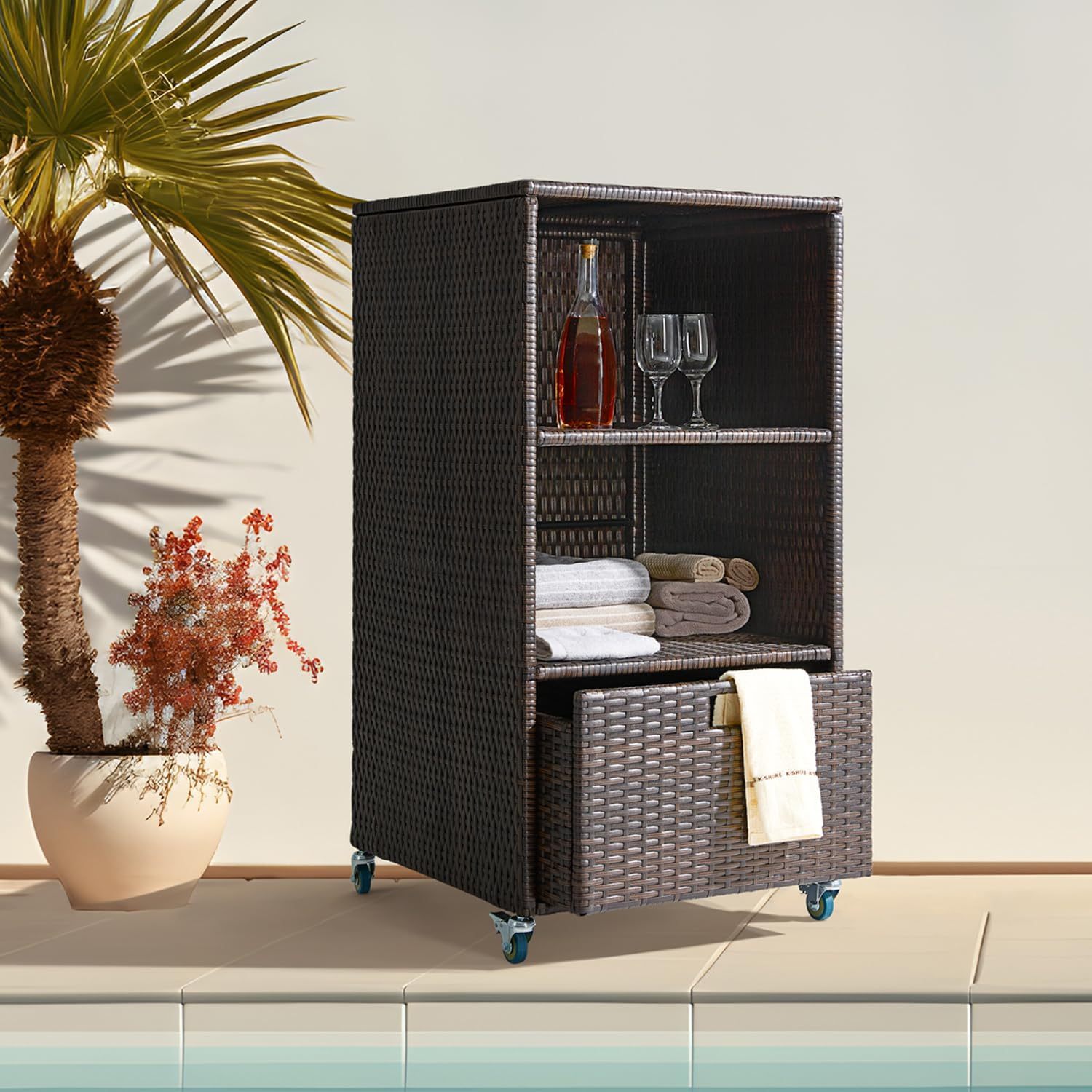 Outdoor Pool Towel Storage Cabinet Organizer Towel Valet Rack with Storage Shelves & Drawer Patio Wicker Pool Towel Holder