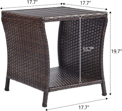 Outdoor Side Table for Patio Small Rattan Wicker Coffee Table Balcony Table Outside End Table with Poly Lumber Table Top & Storage Bistro Table
