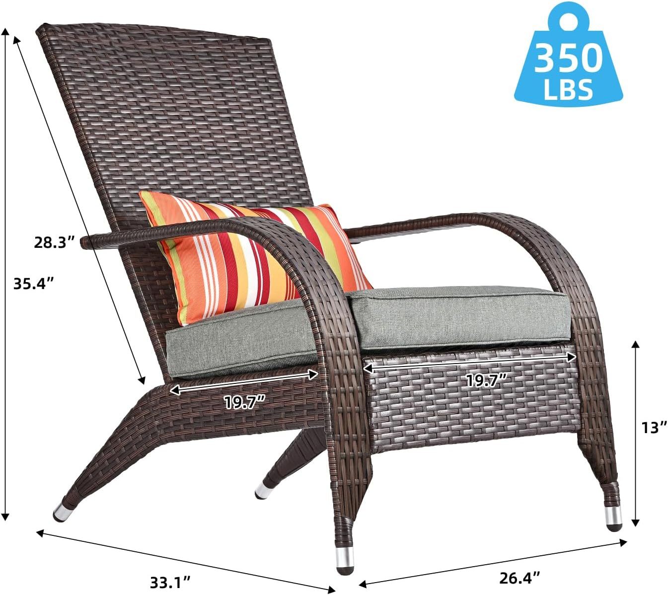 Wicker Adirondack Chair Fire Pit Chairs Oversized Comfy Patio Chairs Outdoor Wicker Rattan Chairs with Cushion Grey Low Deep Seating High Back with Pillow
