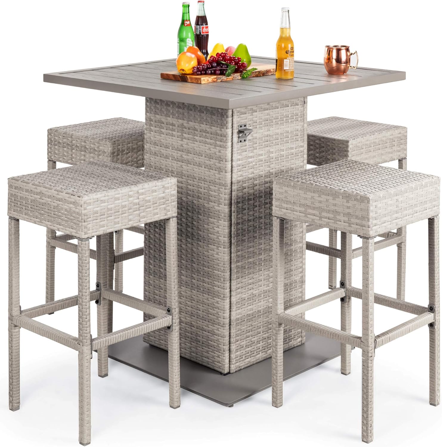 5-Piece Outdoor Wicker Bar Table Set for Patio, Poolside, Backyard w/Built-in Bottle Opener, Hidden Storage Shelf