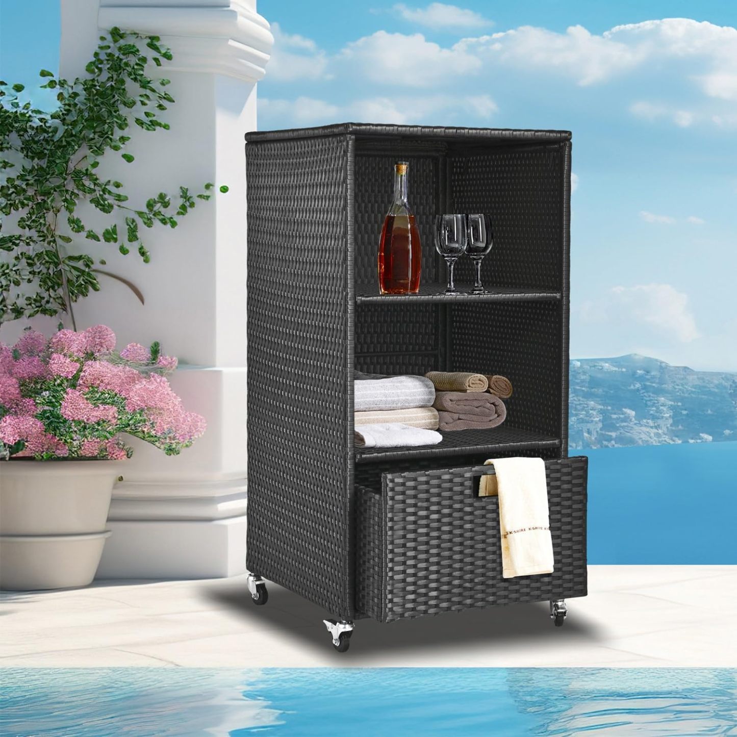 Towel Rack for Pool Outdoor Pool Towel Storage Cabinet with Shelf & Drawer Pool Towel Holder with Rolling Wheels Hot Tub Towel Rack