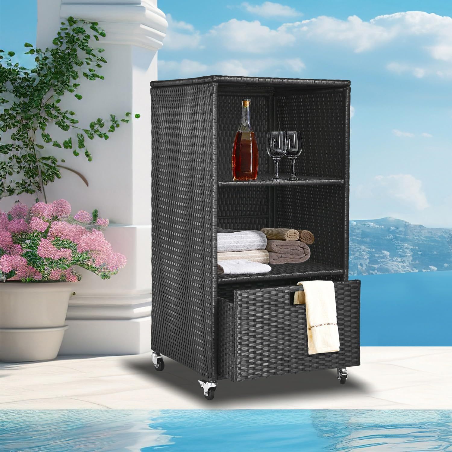 Towel Rack for Pool Outdoor Pool Towel Storage Cabinet with Shelf & Drawer Pool Towel Holder with Rolling Wheels Hot Tub Towel Rack