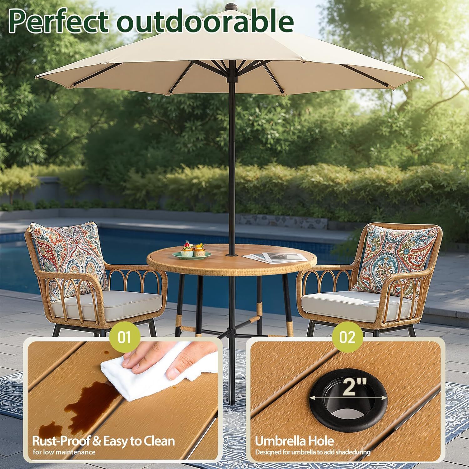 5-Piece Patio Table and Chairs Set, Outdoor Dining Table Chair Set with Umbrella Hole, Rattan Patio Furniture Dining Set for 4