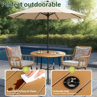 5-Piece Patio Table and Chairs Set, Outdoor Dining Table Chair Set with Umbrella Hole, Rattan Patio Furniture Dining Set for 4
