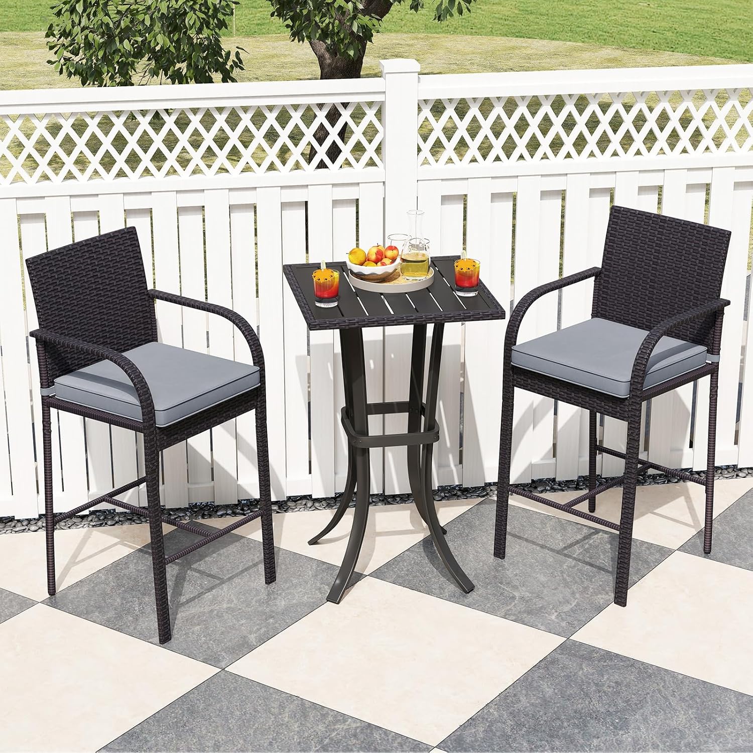 3 Piece Patio Wicker Bar Set, Outdoor Rattan Counter Height Cushioned Chairs & Square Table with Heavy-Duty Metal Frame