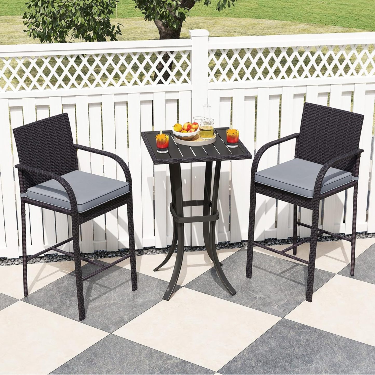 3 Piece Patio Wicker Bar Set, Outdoor Rattan Counter Height Cushioned Chairs & Square Table with Heavy-Duty Metal Frame