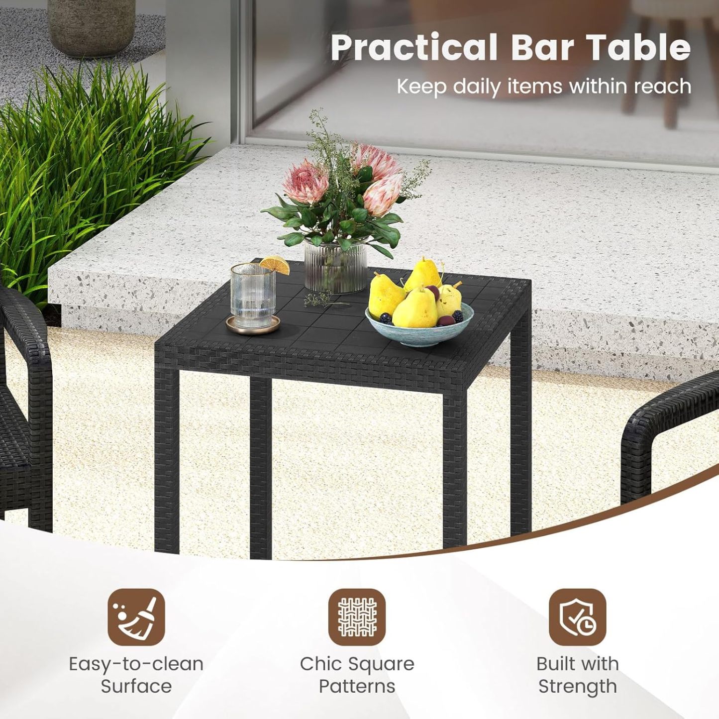 3 Pieces Patio Bar Set, Outdoor Curved Heavy Duty Bar Chairs and Square Table for 2