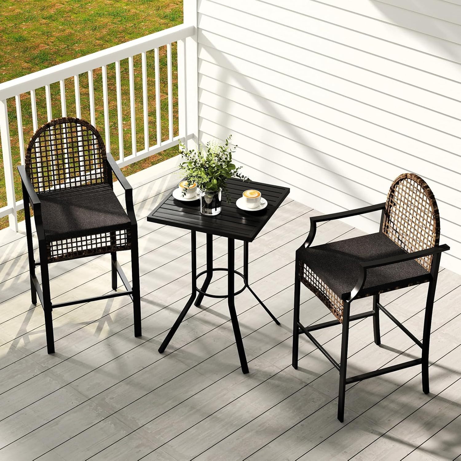 Outdoor High Stool Bistro Set with 2 Bar Chairs, 3 Piece Patio Bar Table Sets, Wicker Outdoor Bar Set