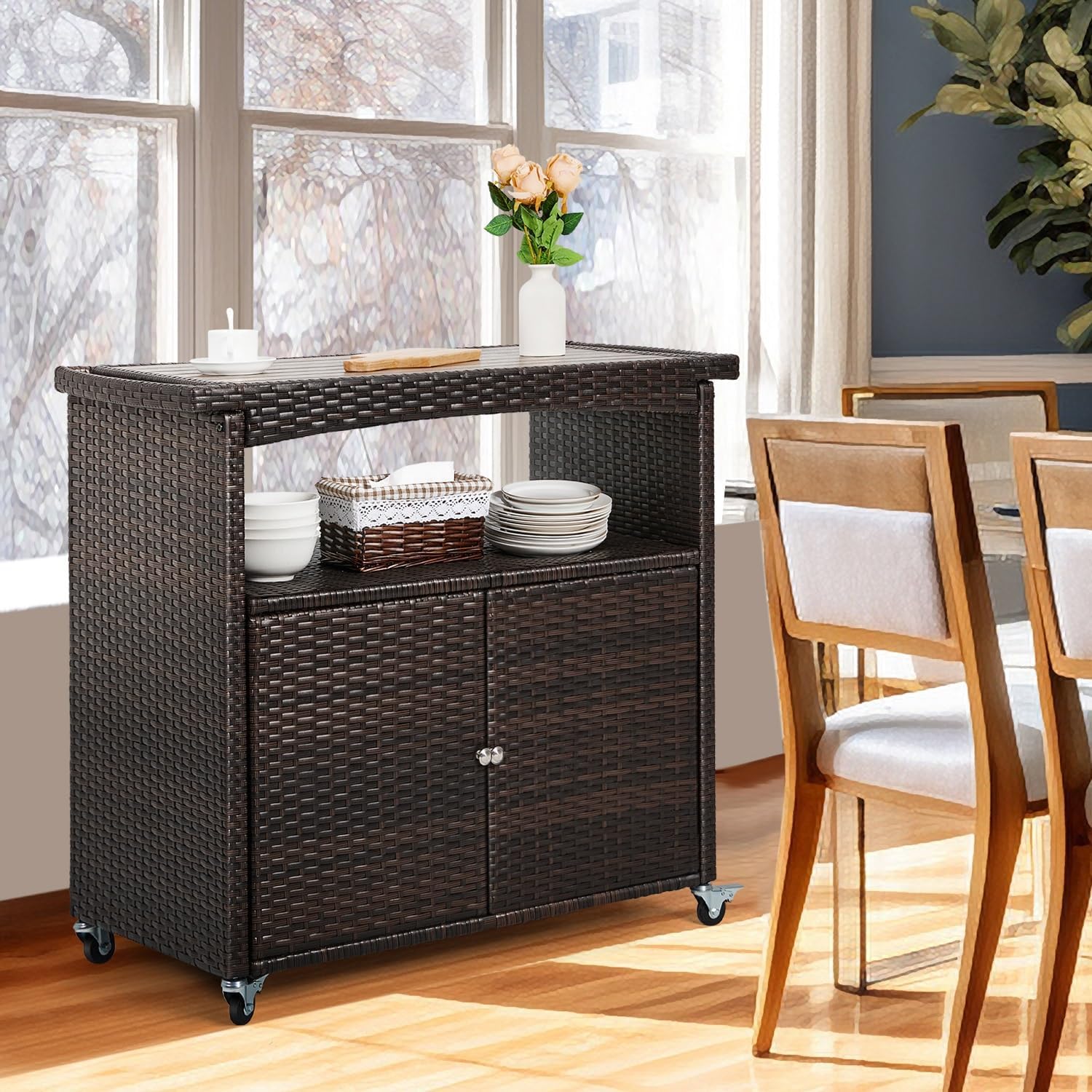 Bar Cart with Storage Cabinet Patio Wicker Sideboard Buffet Cabinet Prep Table Outside Kitchen Serving Cart