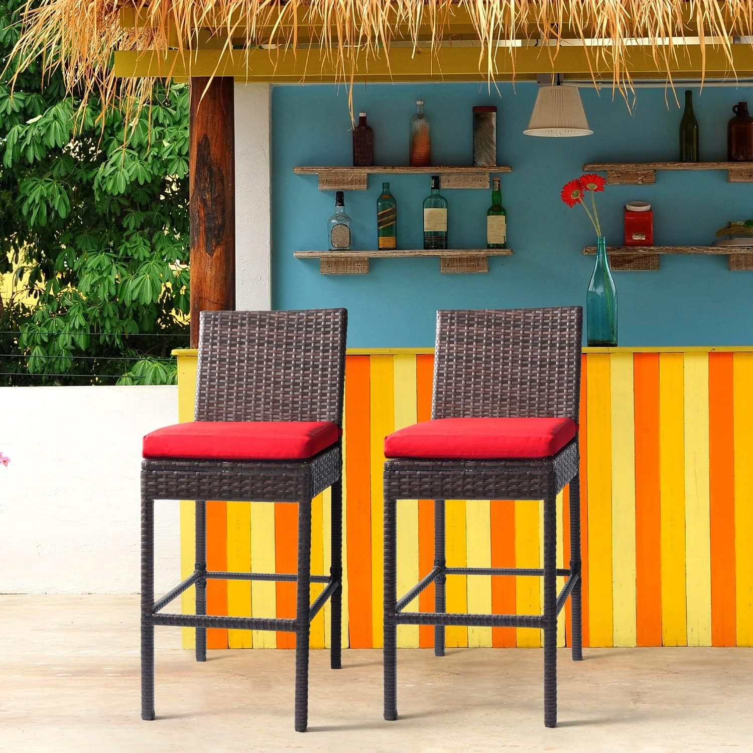 Outdoor Bar Stools Wicker Woven Patio Stools & Patio Bar Chairs Set of 2 Counter Bar Height Stools with Footrest