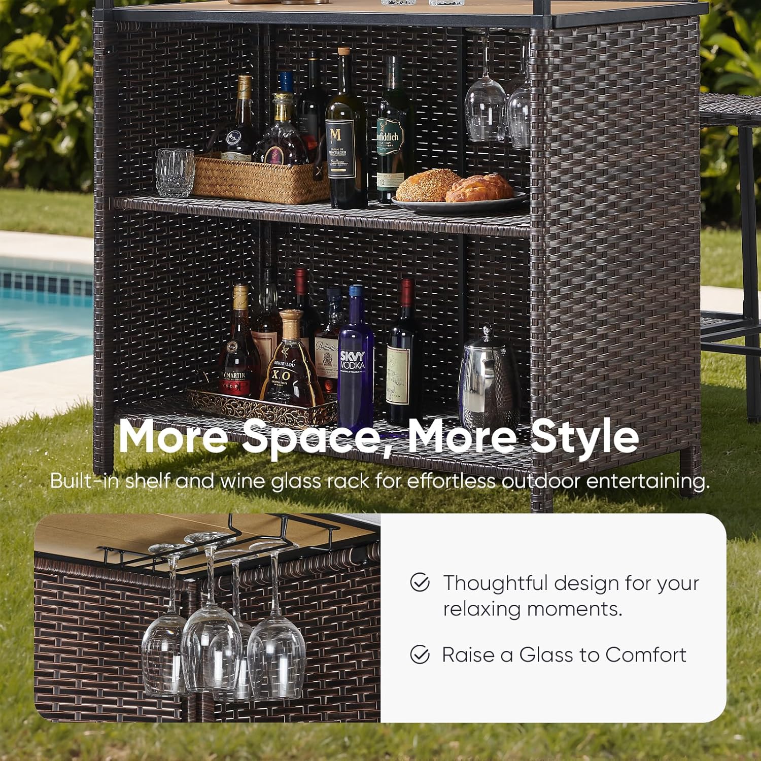 3 Piece Wicker Bar Height Patio Set with 2 Stools, Storage Shelves & Wine Glass Rack