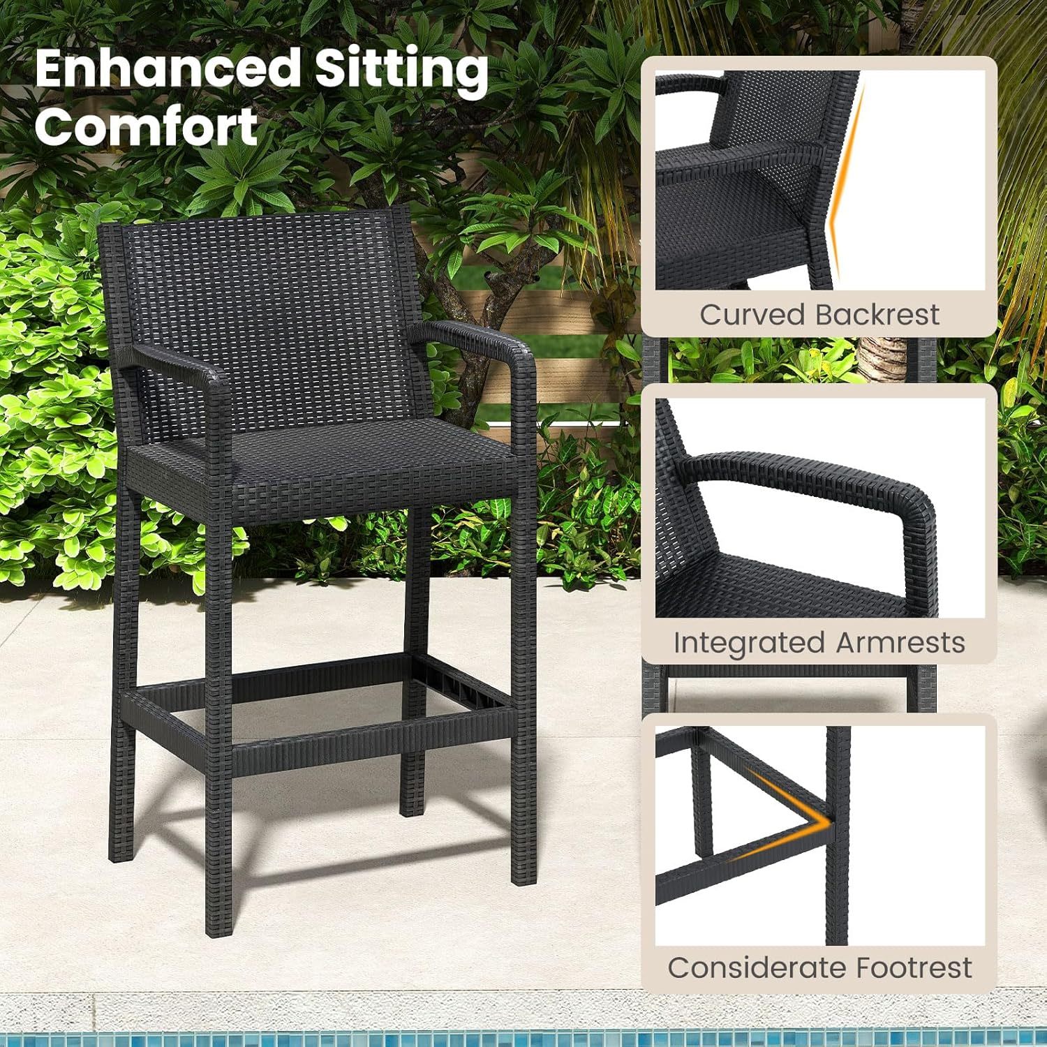 3 Pieces Patio Bar Set, Outdoor Curved Heavy Duty Bar Chairs and Square Table for 2