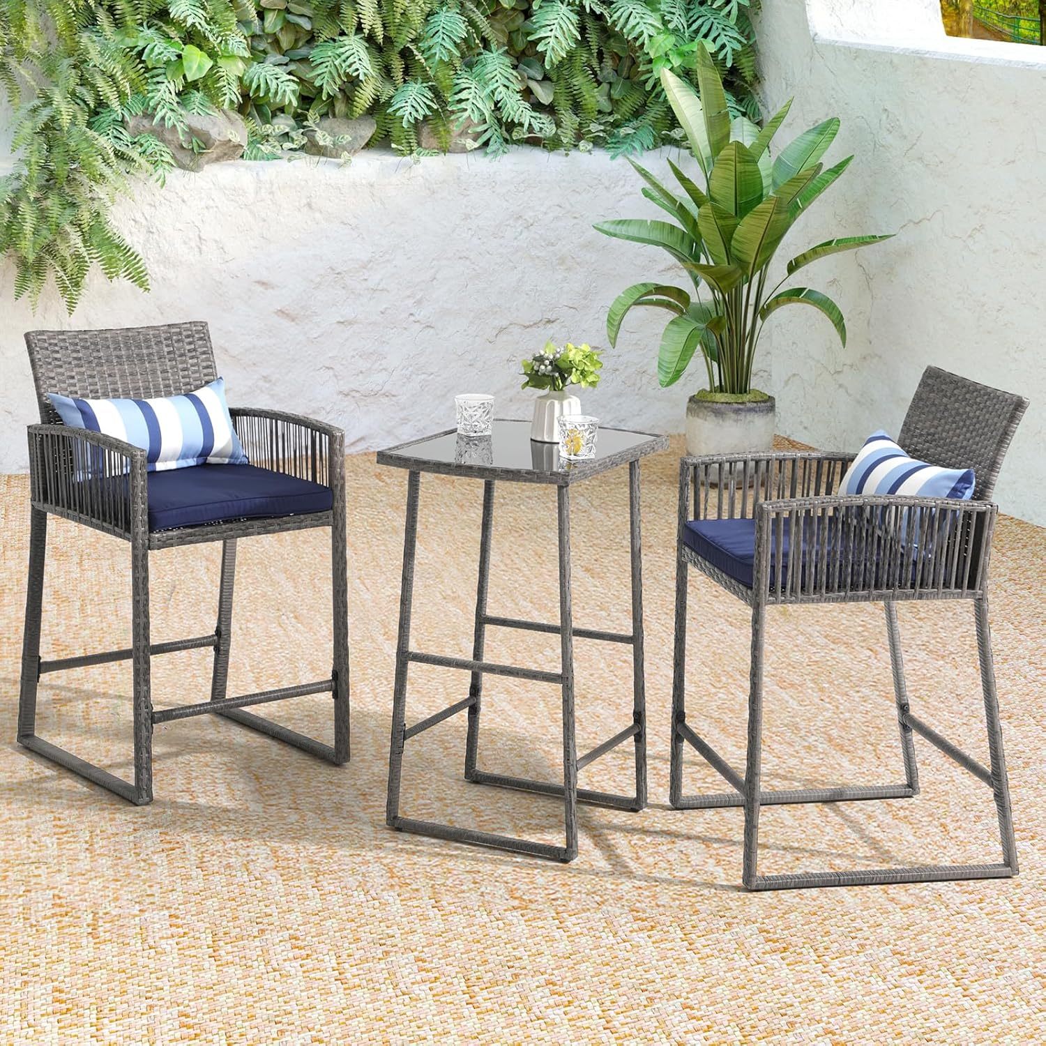 3-Piece Outdoor Wicker Bar Height Table Set, 2 Bar Stools and 1 Pub Table with 2 Striped Pillows, Grey Rattan, Blue Seat Cushions