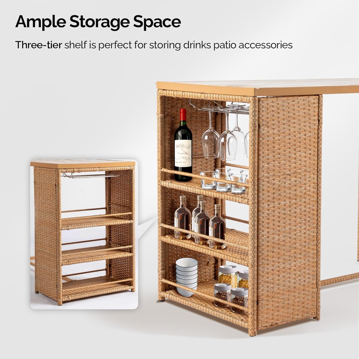 5-Piece Outdoor Bar Set, Wicker Rattan Bar Height Patio Set w/4 Cushion Bar Stools & Table with Hidden Storage