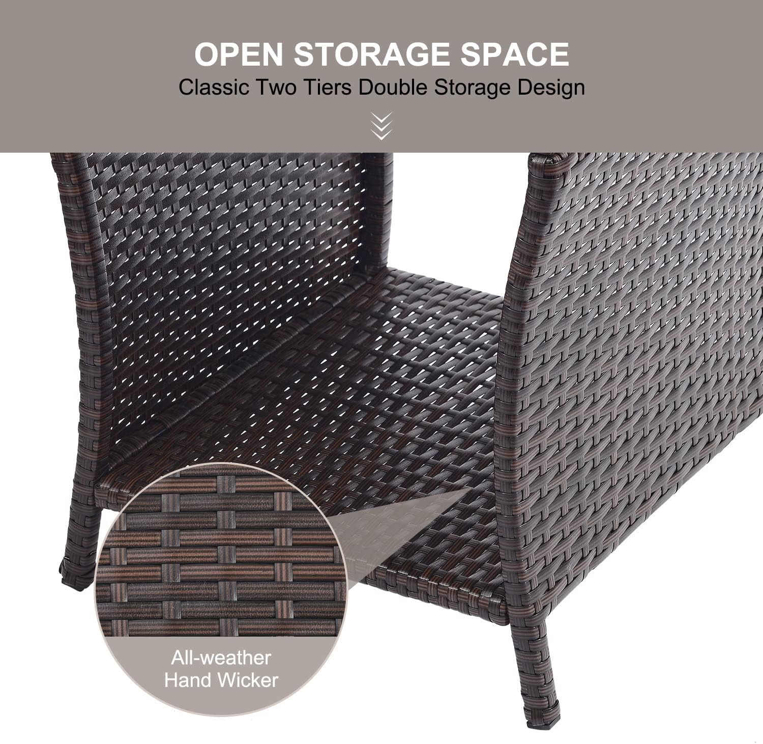 Outdoor Side Table for Patio Small Rattan Wicker Coffee Table Balcony Table Outside End Table with Poly Lumber Table Top & Storage Bistro Table