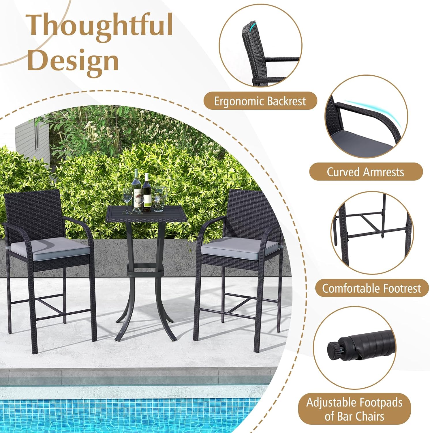 3 Piece Patio Wicker Bar Set, Outdoor Rattan Counter Height Cushioned Chairs & Square Table with Heavy-Duty Metal Frame