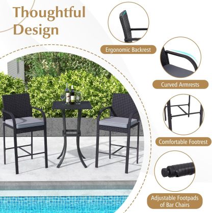 3 Piece Patio Wicker Bar Set, Outdoor Rattan Counter Height Cushioned Chairs & Square Table with Heavy-Duty Metal Frame