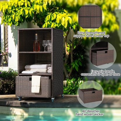 Outdoor Pool Towel Storage Cabinet Organizer Towel Valet Rack with Storage Shelves & Drawer Patio Wicker Pool Towel Holder