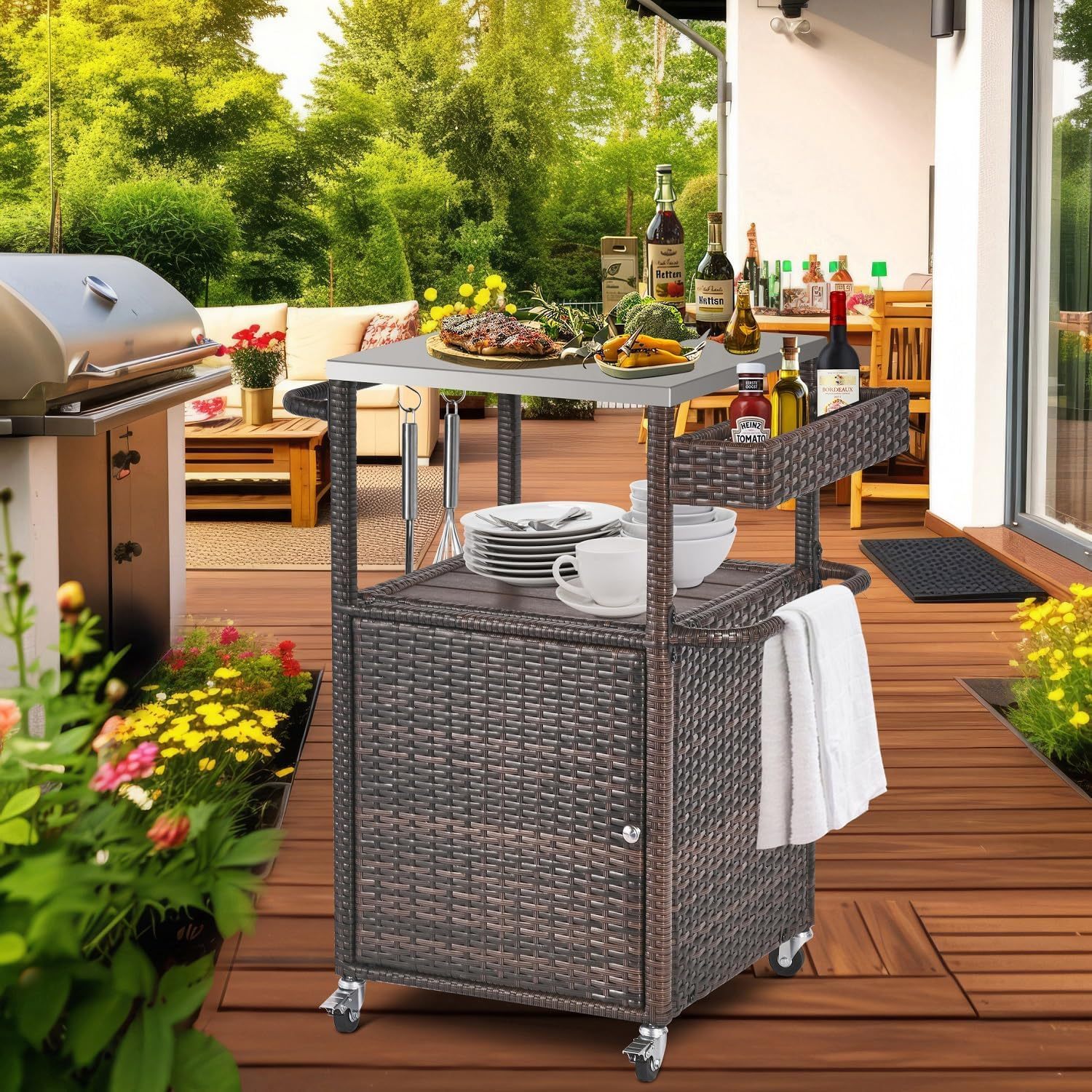 Grill Cart Outdoor with Wheels Outdoor Prep Table Grill Station with Storage Outdoor Kitchen Island Serving Cart with Stainless Steel Table Top