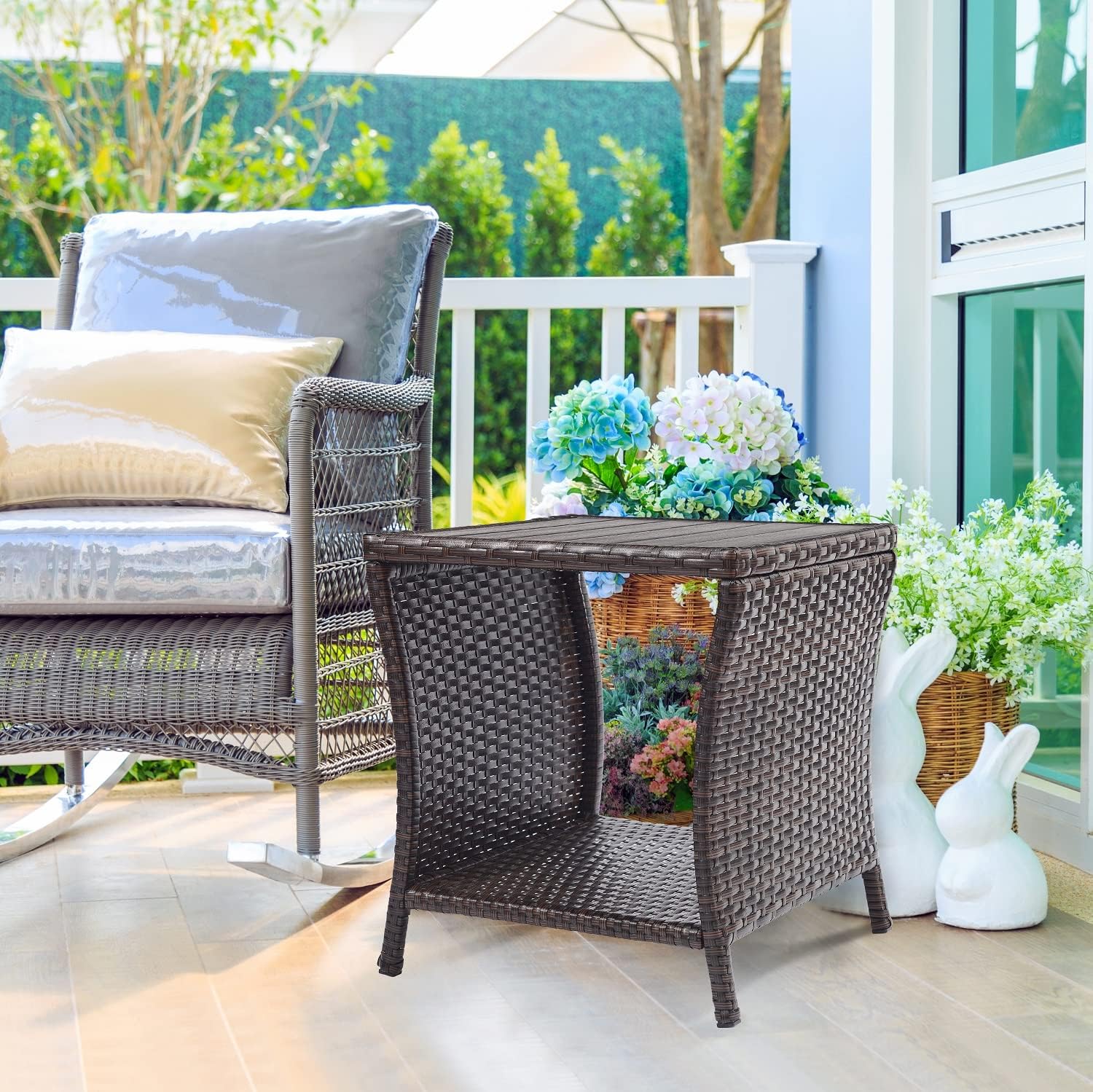 Outdoor Side Table for Patio Small Rattan Wicker Coffee Table Balcony Table Outside End Table with Poly Lumber Table Top & Storage Bistro Table