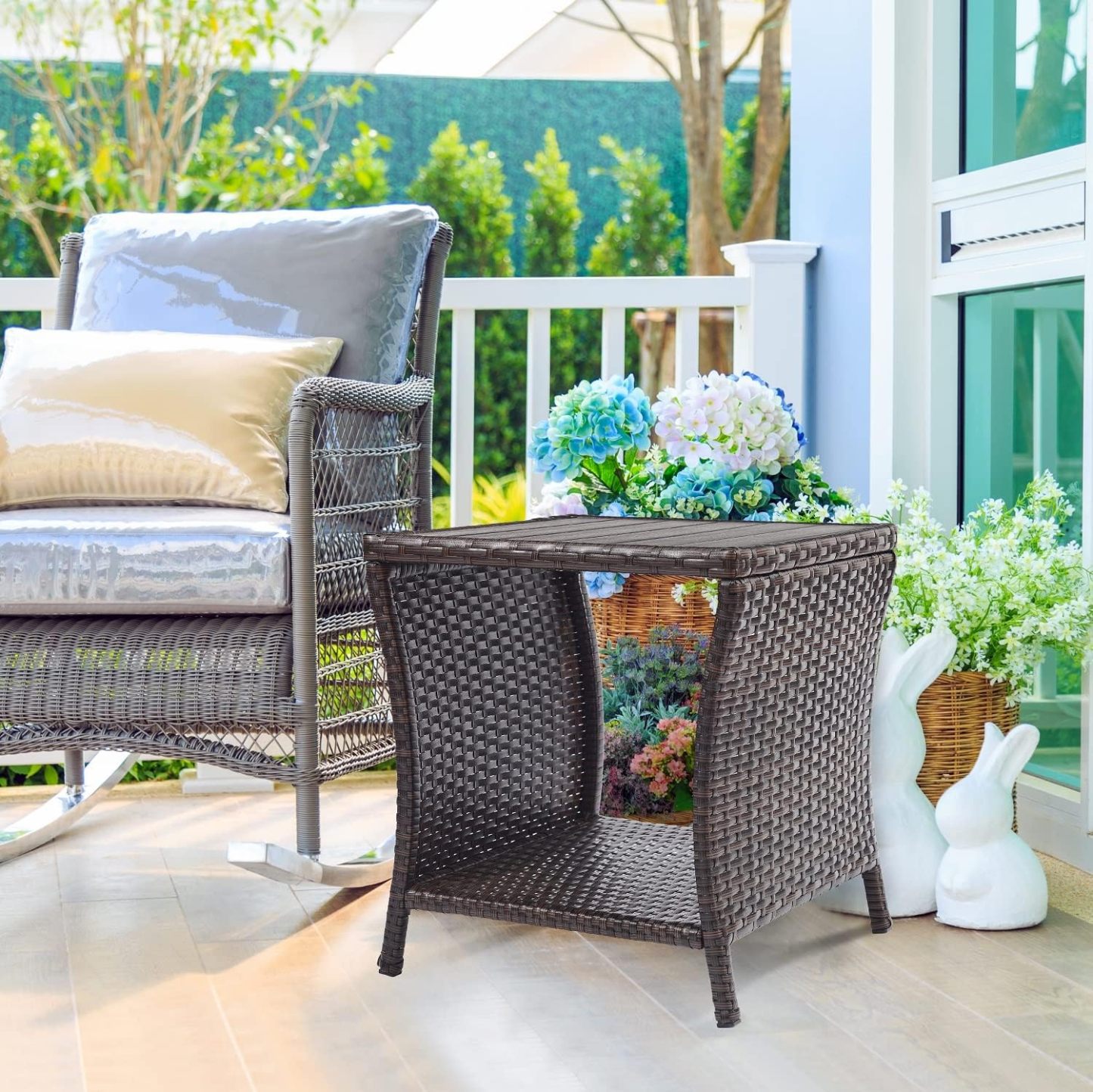 Outdoor Side Table for Patio Small Rattan Wicker Coffee Table Balcony Table Outside End Table with Poly Lumber Table Top & Storage Bistro Table