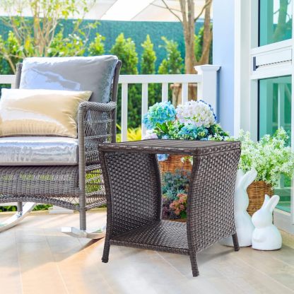 Outdoor Side Table for Patio Small Rattan Wicker Coffee Table Balcony Table Outside End Table with Poly Lumber Table Top & Storage Bistro Table