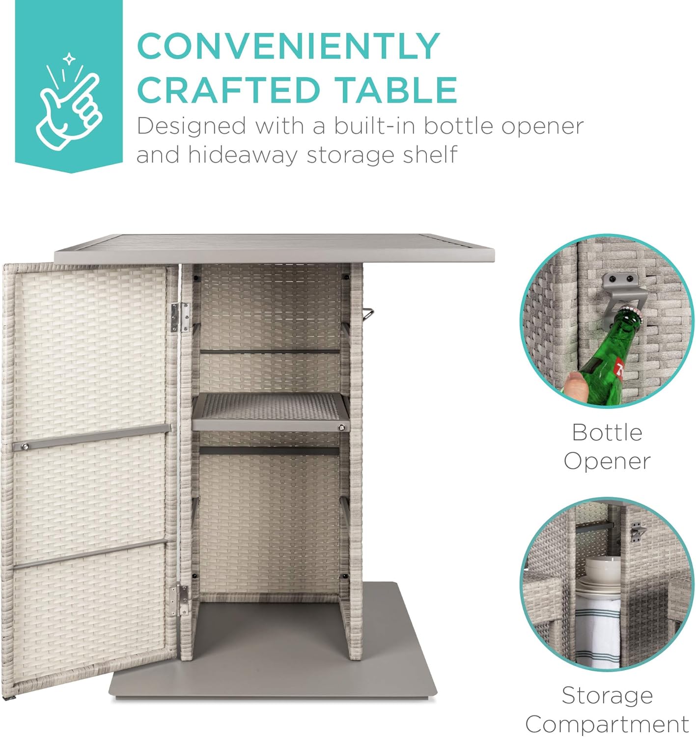 5-Piece Outdoor Wicker Bar Table Set for Patio, Poolside, Backyard w/Built-in Bottle Opener, Hidden Storage Shelf