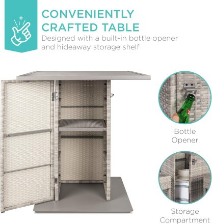 5-Piece Outdoor Wicker Bar Table Set for Patio, Poolside, Backyard w/Built-in Bottle Opener, Hidden Storage Shelf