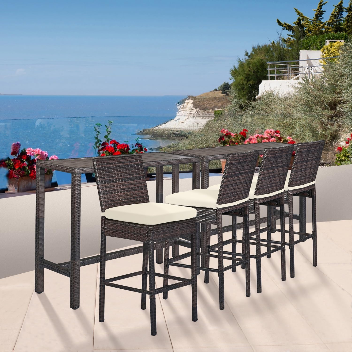 Outdoor Bar Set for Patio 3pcs Outdoor Bar Table and Chairs Set All Weather Bar Height High Top Outdoor Table and Chairs Wicker Bar Stools Set of 2 Tall Patio Table