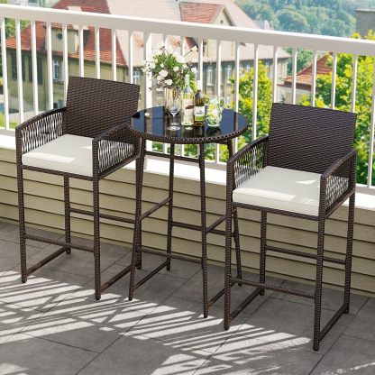 Outdoor Wicker Bar Height Glass Top Table & 2 Cushioned Barstools Heavy Duty, for Backyard, Poolside, Porch