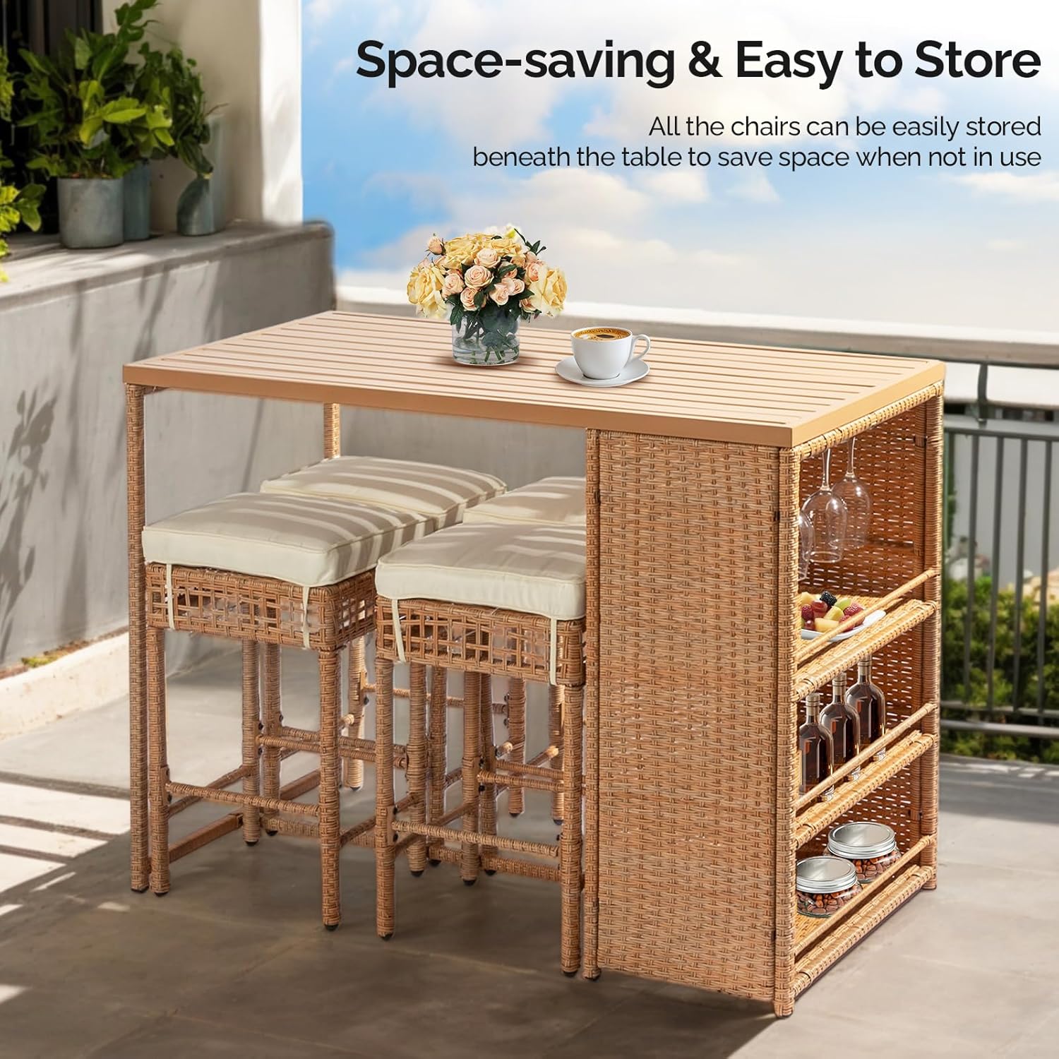 5-Piece Outdoor Bar Set, Wicker Rattan Bar Height Patio Set w/4 Cushion Bar Stools & Table with Hidden Storage